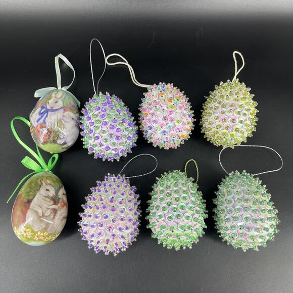Lot of 6 Vintage Handmade Pin Push Beaded Sequin Christmas Egg Ornaments+ 2 - Picture 1 of 10